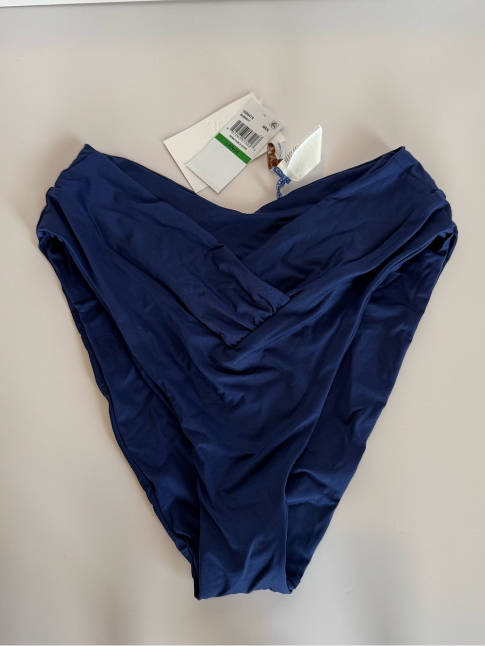 Becca by Rebecca Virtue Navy Ruched Bikini Bottom Size Large NWT